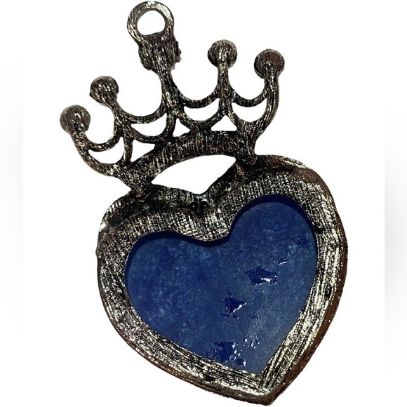 Large Pendant Light Blue Marbled Heart Shaped Stone w/Clear Stones and Top Crown - Picture 2 of 3